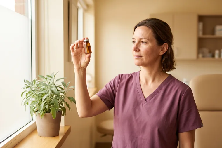 A nurse practitioner examining a small vial in the light of a clinic window