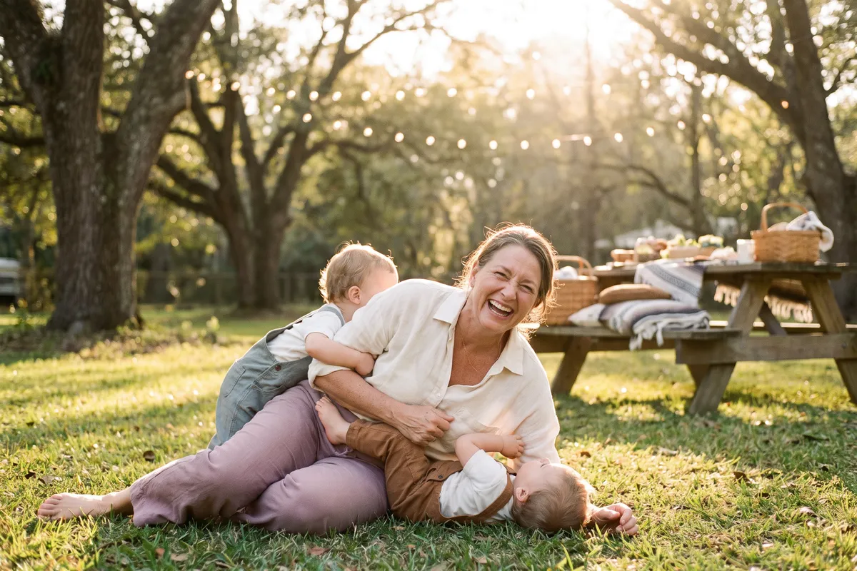 A woman laughing as she plays with two toddlers on the grass at an outdoor gathering