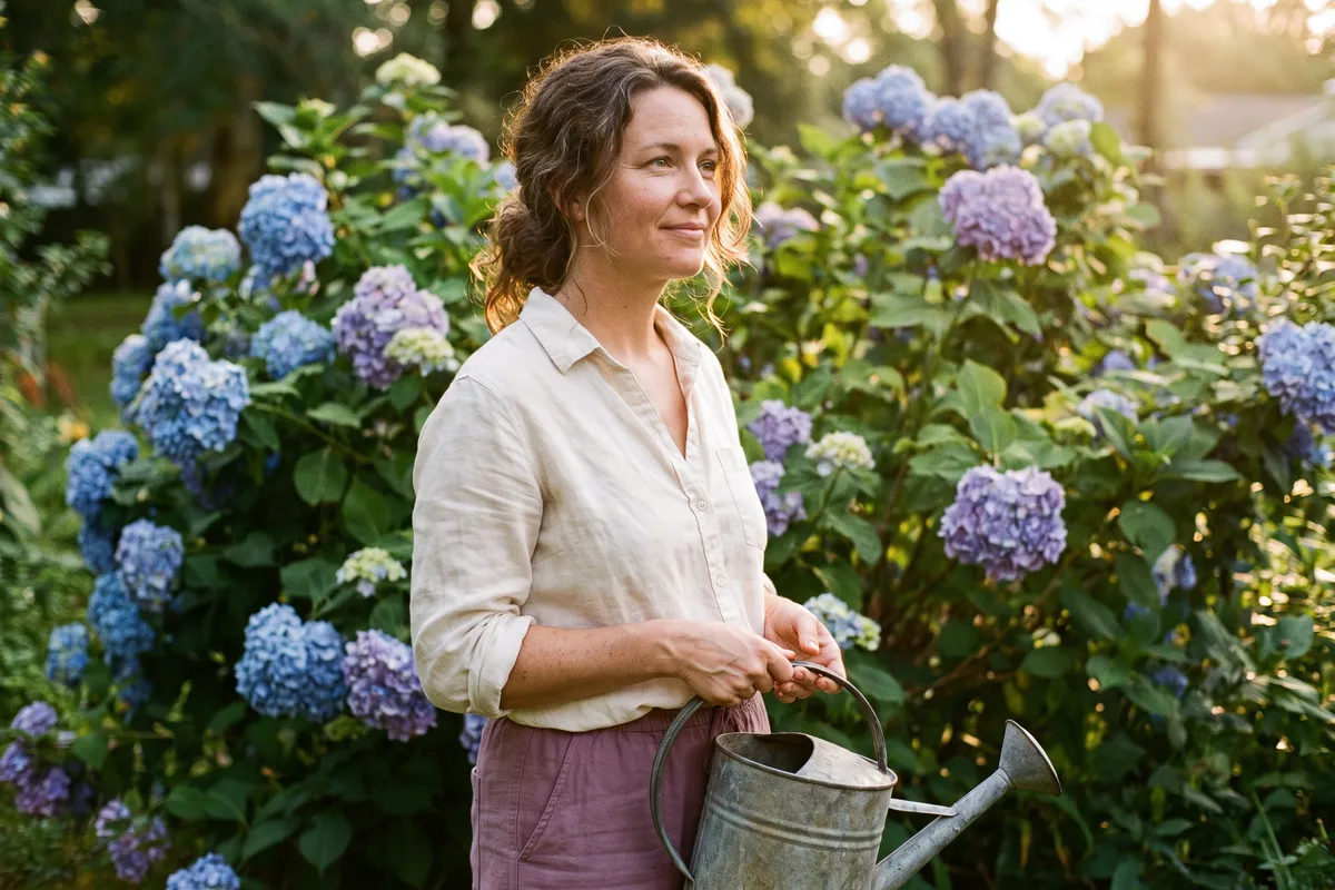 A woman with a watering can pausing thoughtfully among blooming hydrangeas in her garden