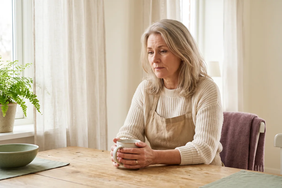 A woman at a kitchen table with a mug, thinking something through