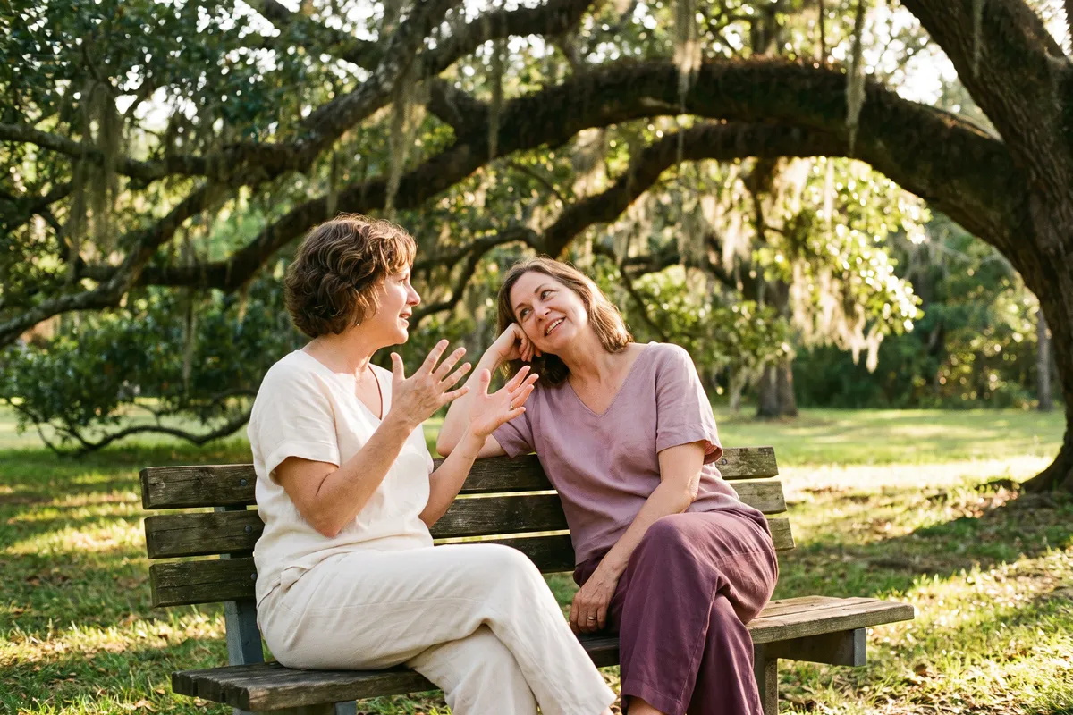 Two women around fifty talking on a park bench under a live oak