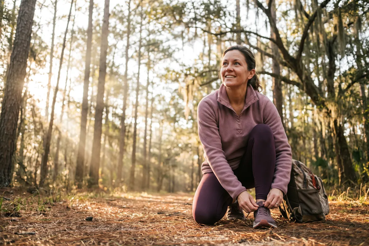 A woman tightening her running shoes at the start of a pine forest trail