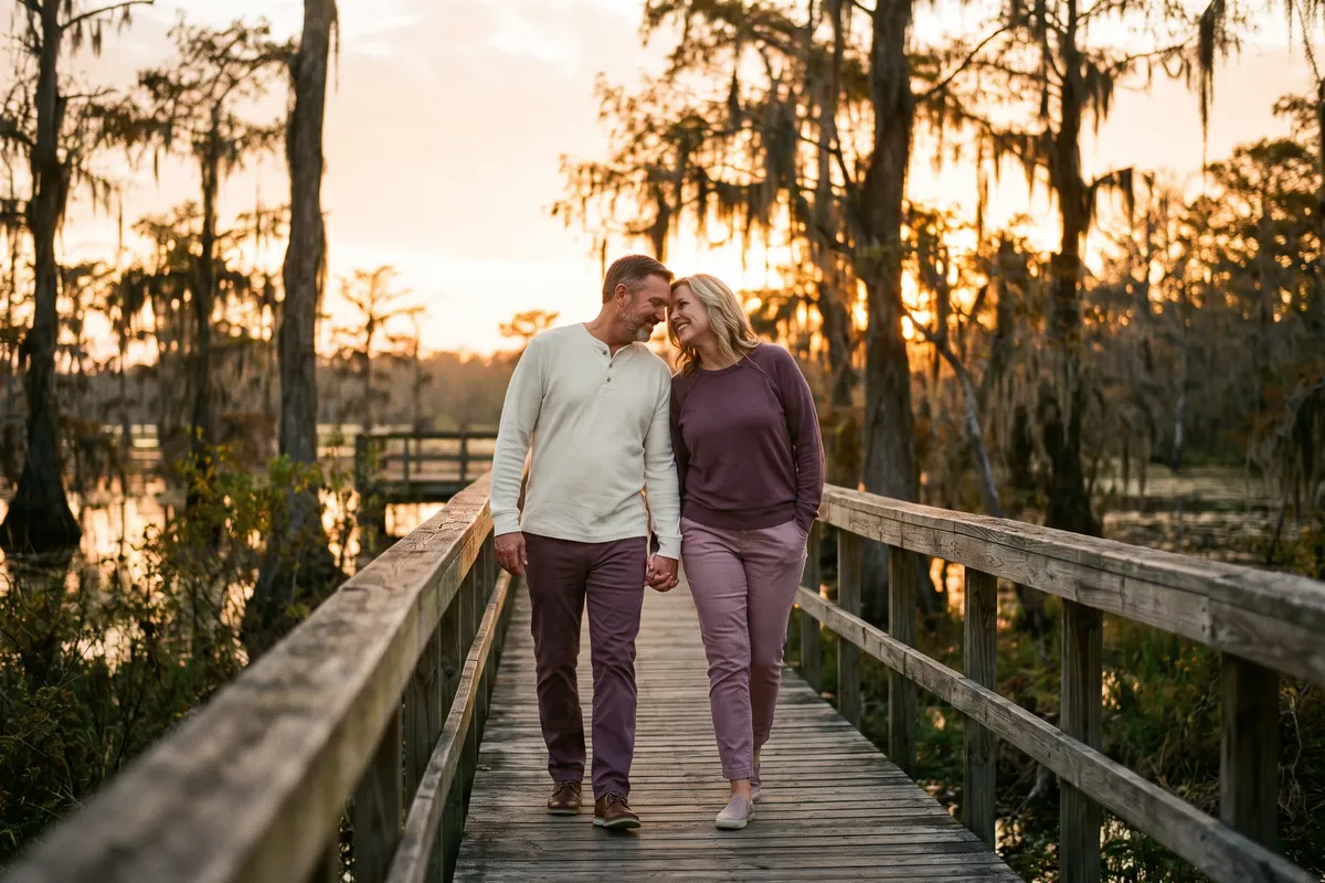 A couple in their fifties walking hand in hand along a bayou boardwalk at golden hour