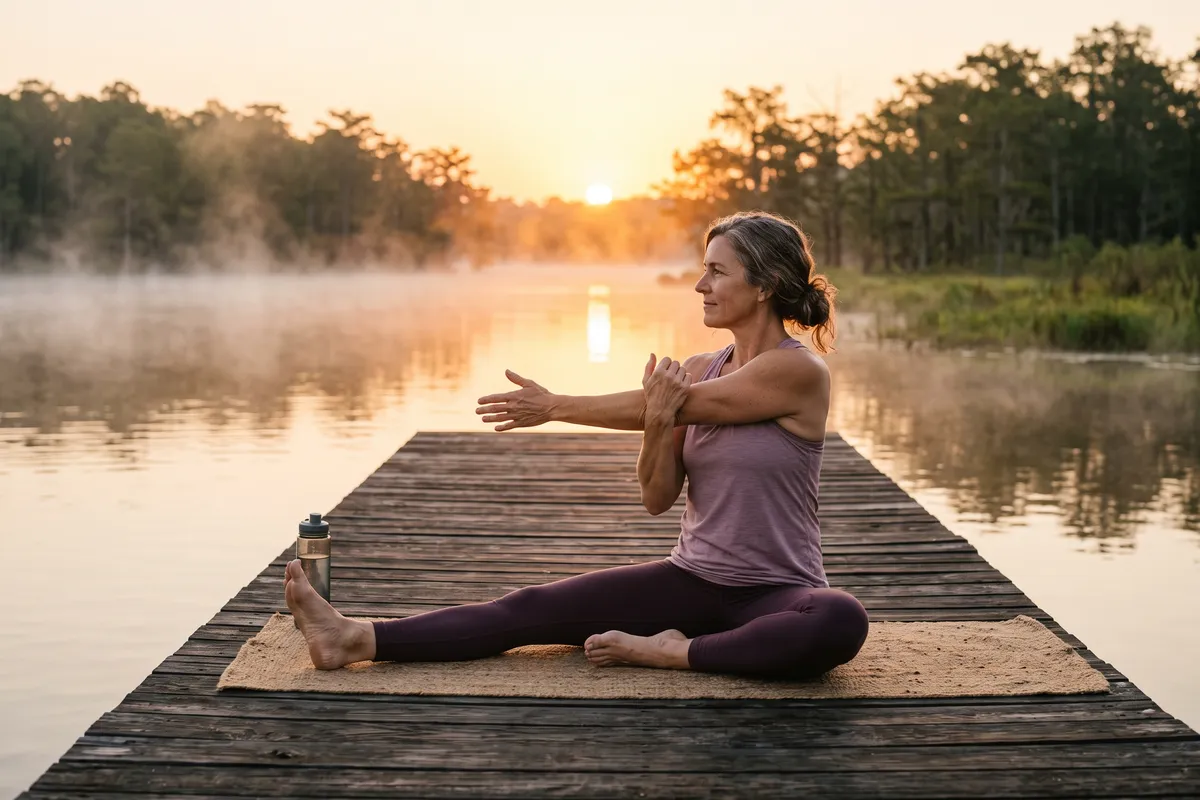 A woman stretching on a yoga mat on a lake dock at sunrise