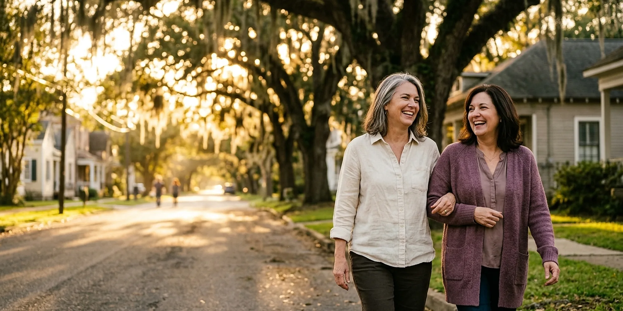 Two friends in their fifties laughing as they walk arm in arm down an oak-lined Louisiana street at golden hour