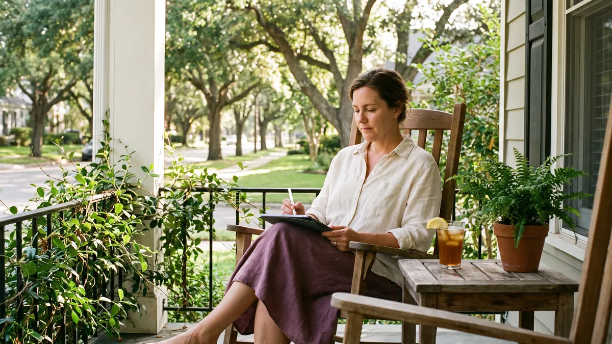 A woman in a rocking chair on her front porch filling in a form on a tablet, iced tea beside her