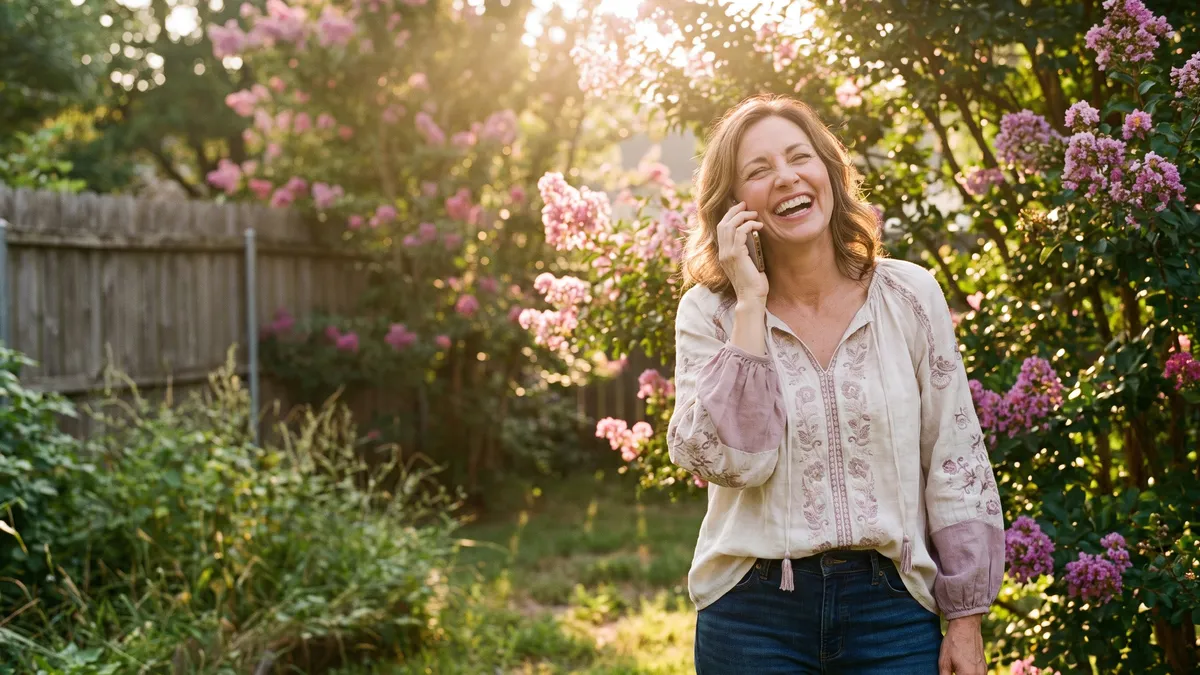 A woman laughing on the phone in her backyard garden among blooming crepe myrtles