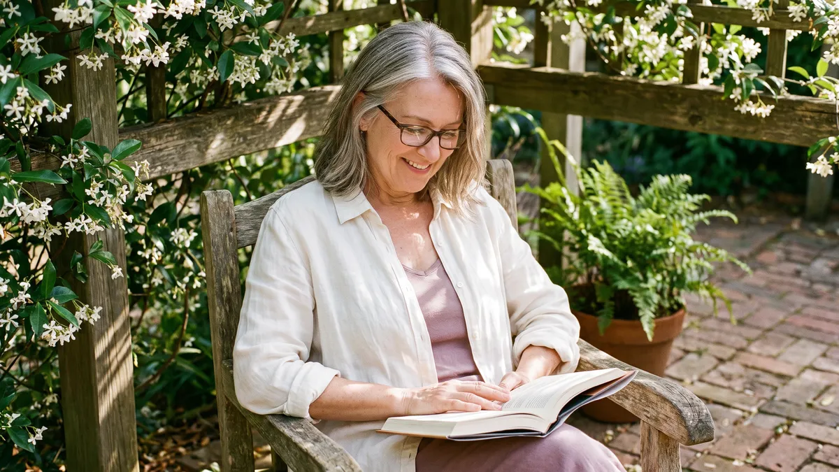 A woman with silver-streaked hair reading a book on a patio under a jasmine-covered pergola