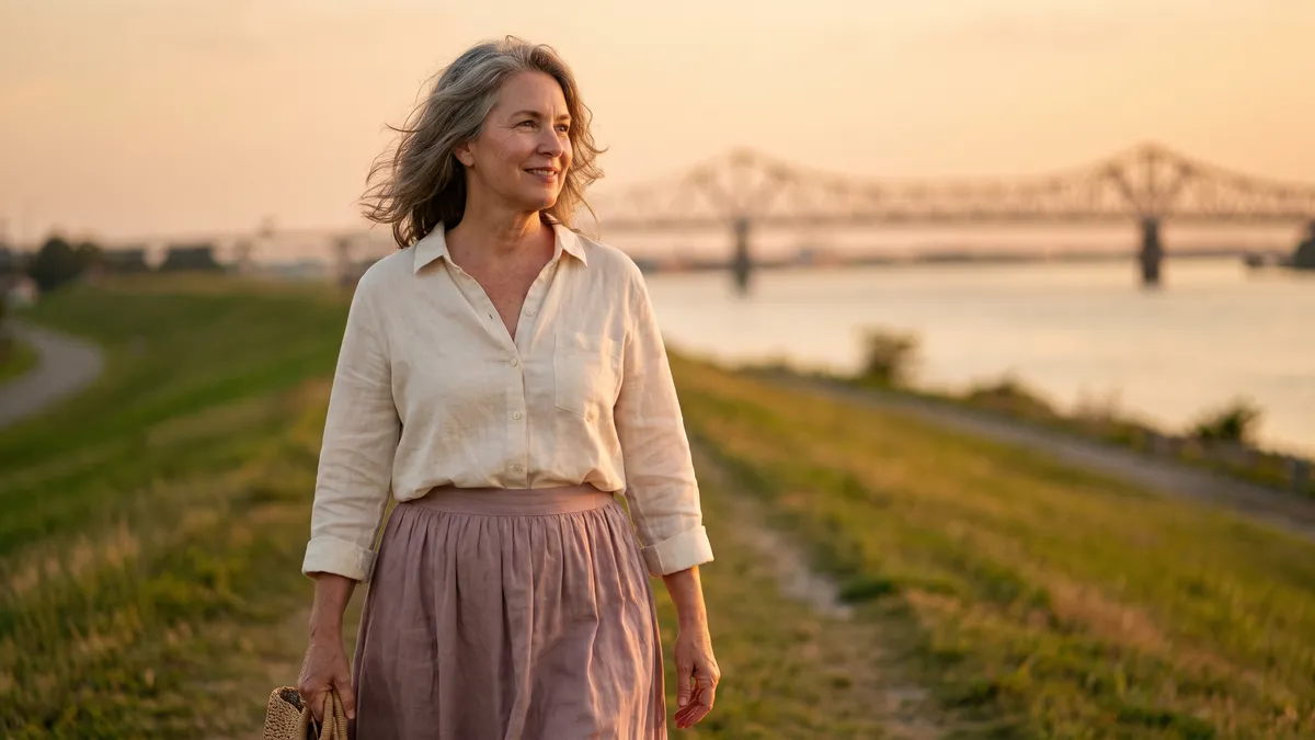 A woman walking along a grassy Mississippi River levee at golden hour