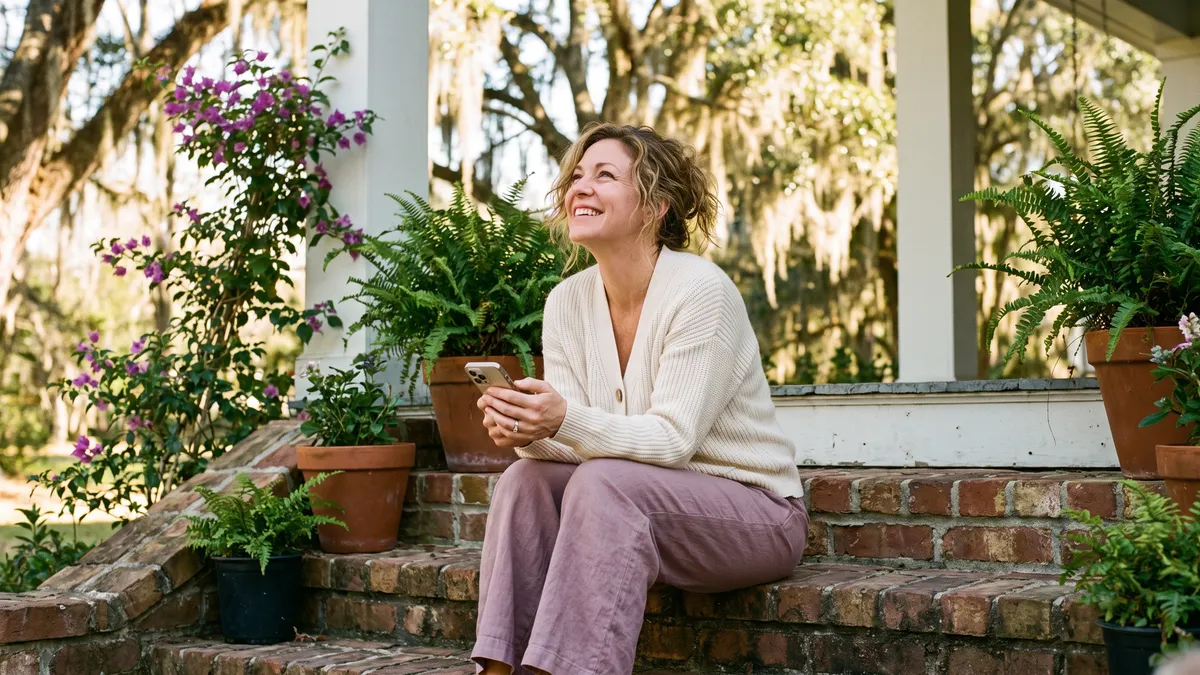 A woman smiling at her phone on the brick front steps of her home