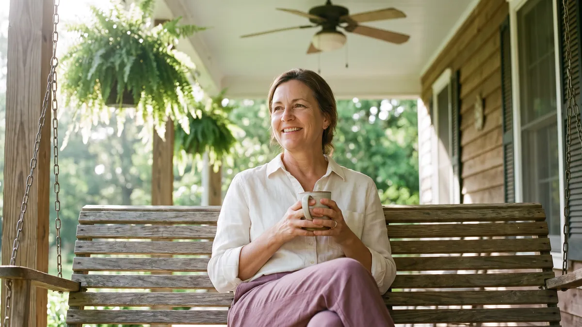 A woman in her fifties relaxing on a porch swing with a mug of coffee in soft morning light