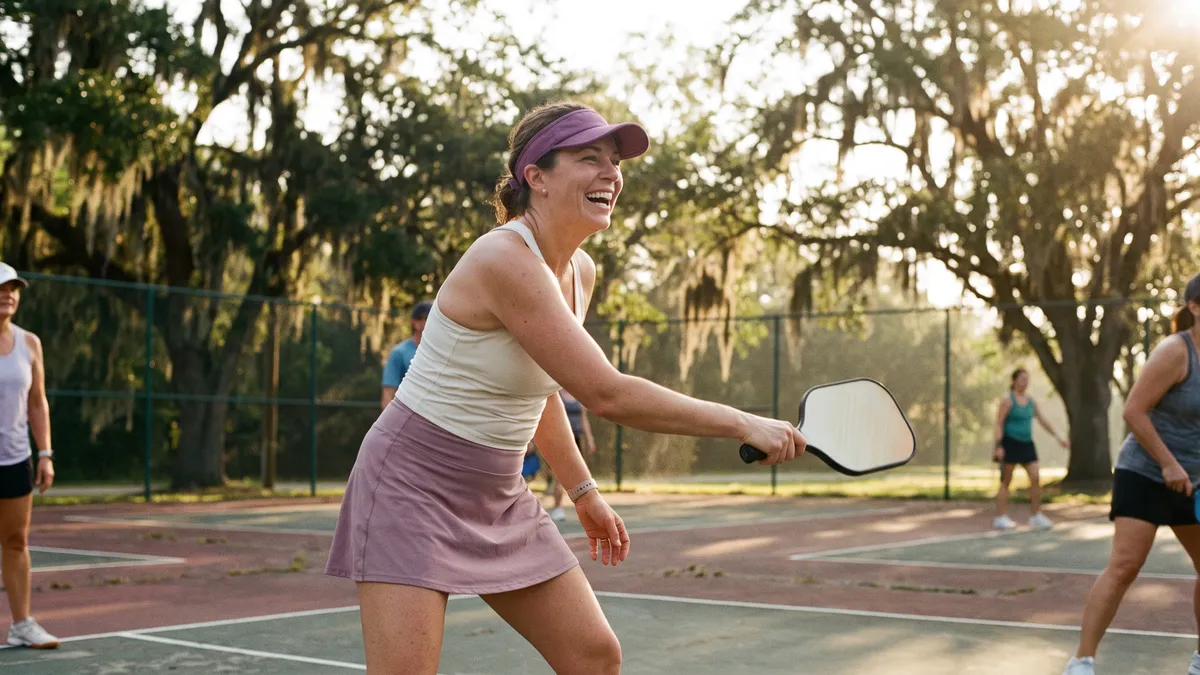 A woman in her fifties laughing as she plays pickleball with friends on a sunny court