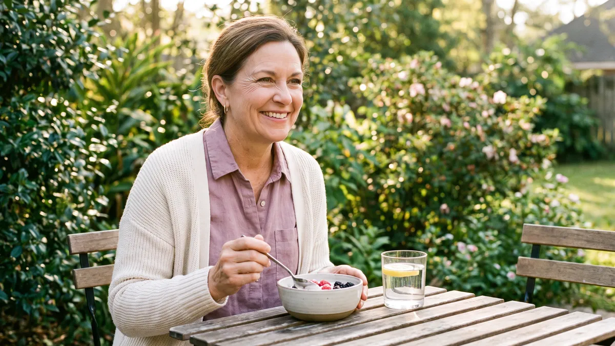 A woman enjoying berries and yogurt at breakfast on a sunny back patio