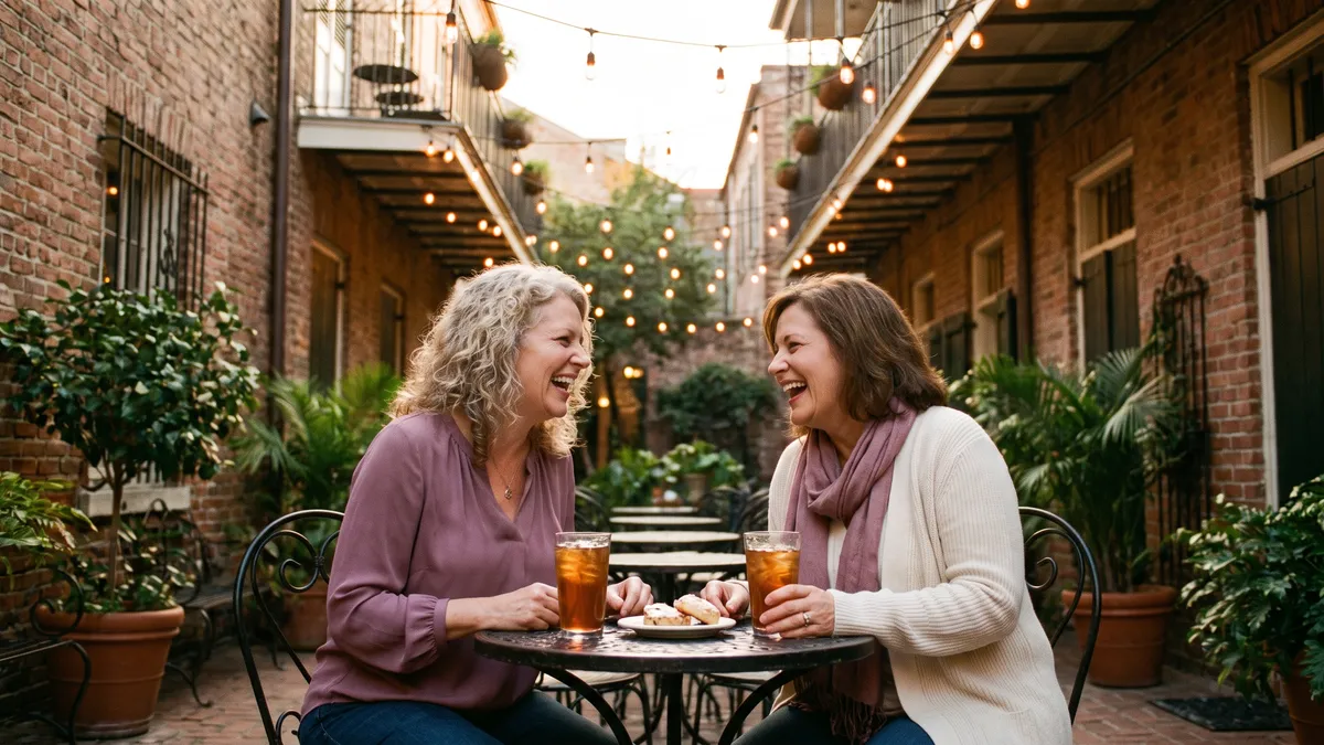 Two friends around fifty laughing together at a courtyard café table under string lights