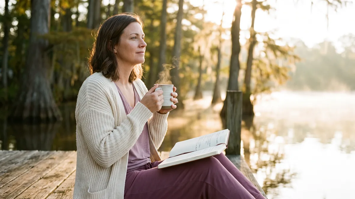 A woman with coffee and a journal at the end of a dock on a misty cypress lake at sunrise