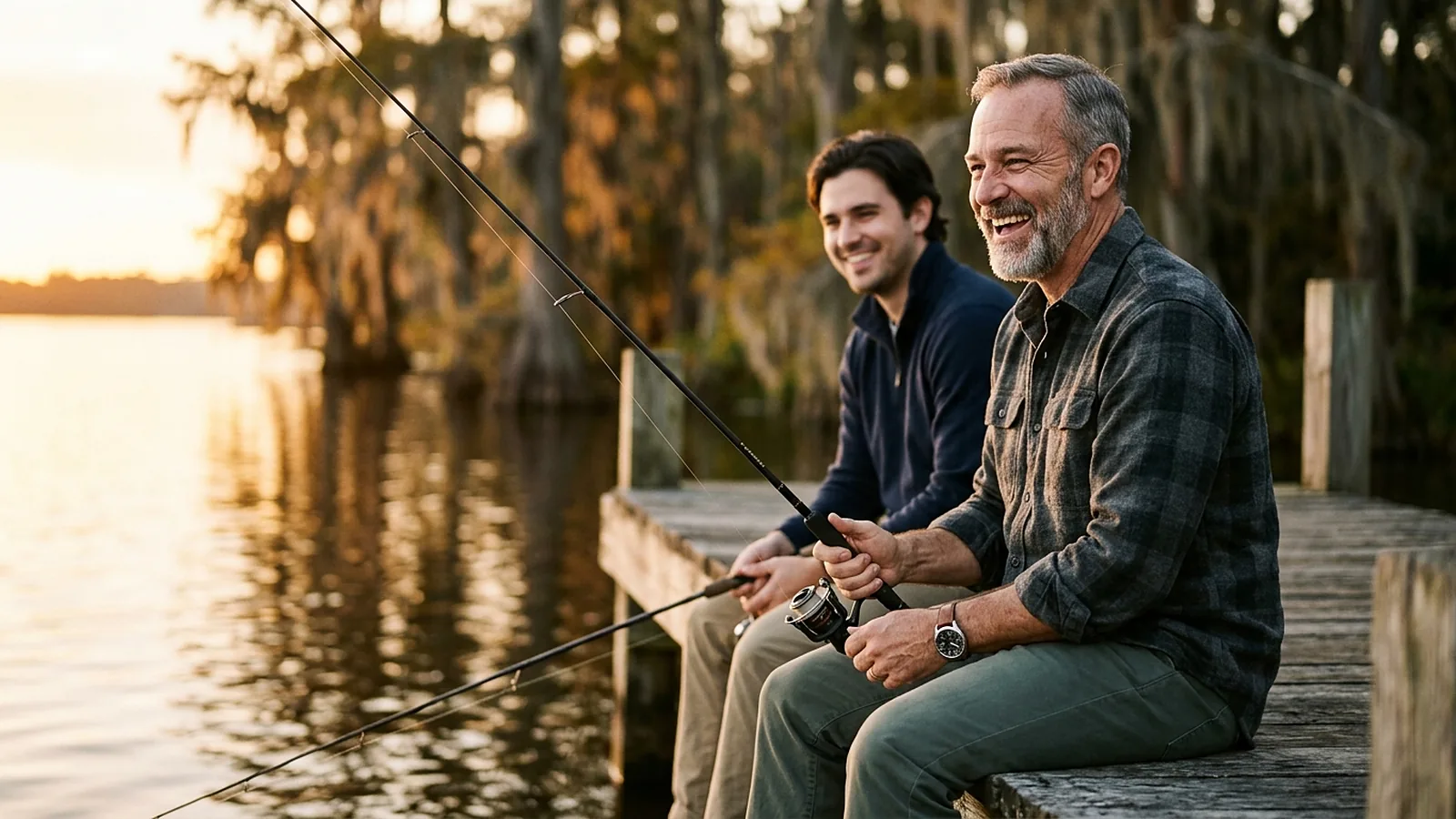A man in his fifties laughing on a lake dock with his adult son, fishing rods in hand