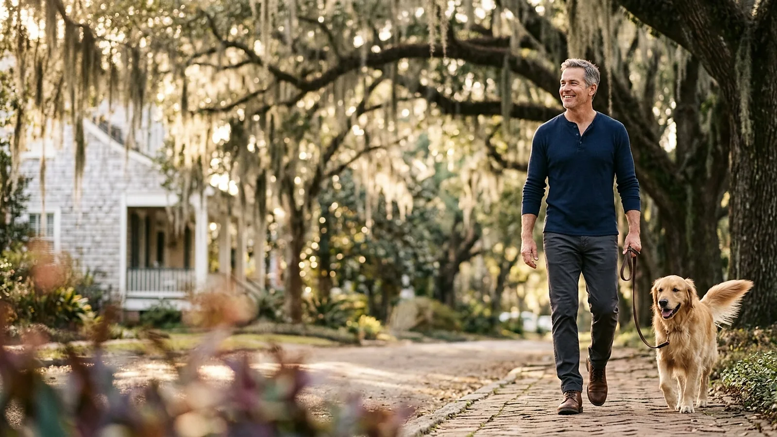 A man in his fifties walking his golden retriever under live oaks draped in Spanish moss