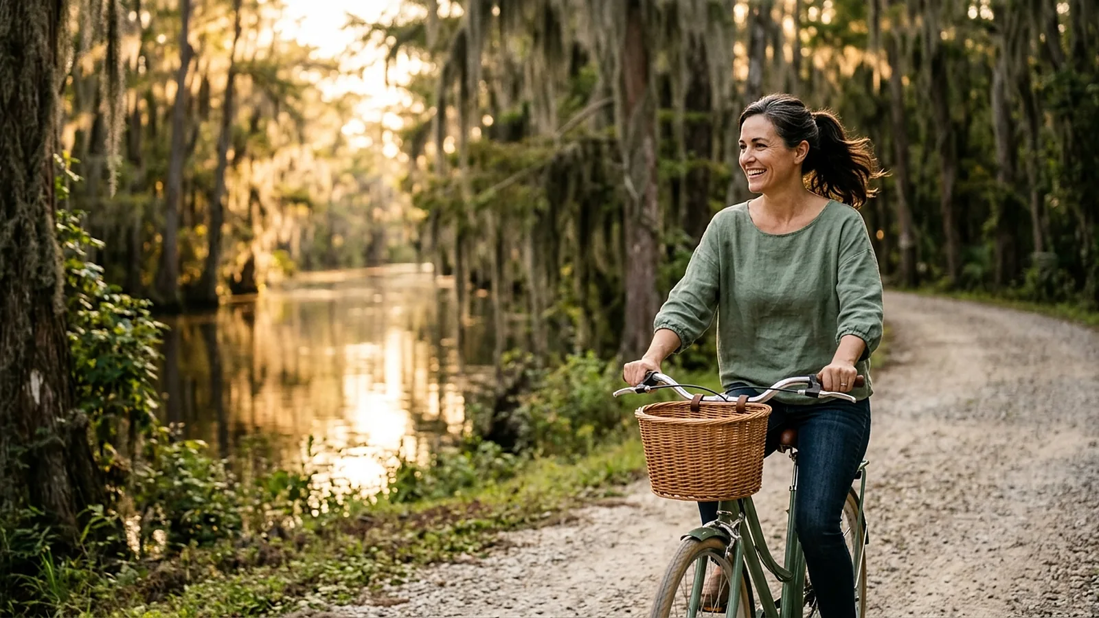 A woman smiling as she rides her bicycle along a bayou path lined with cypress trees