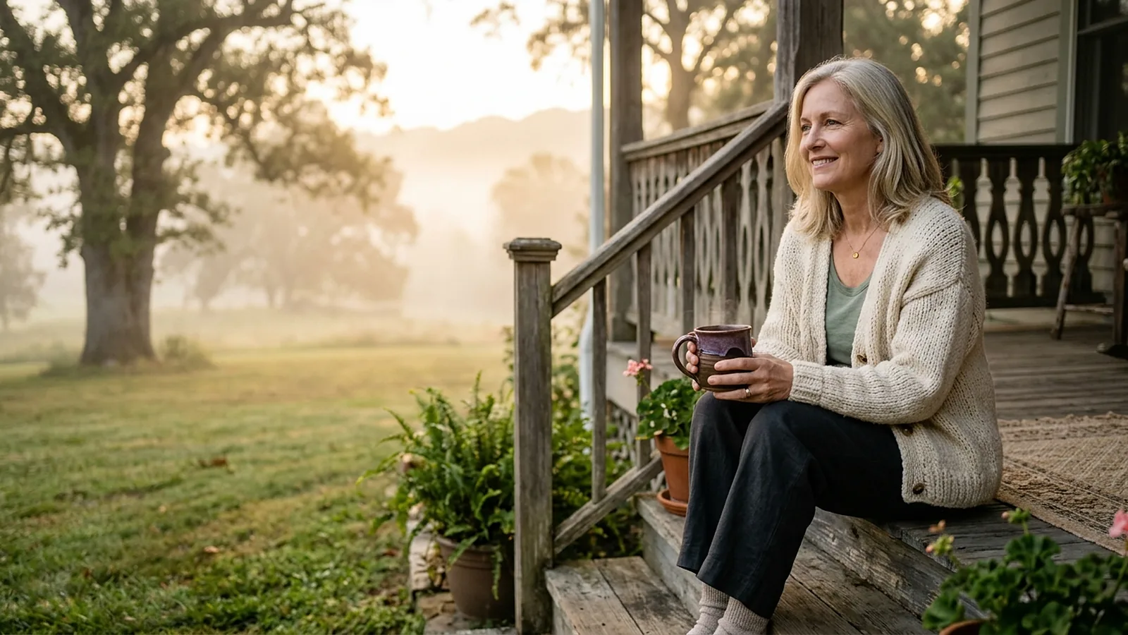 A woman sitting on her front porch step at sunrise with a mug of coffee, rested and smiling