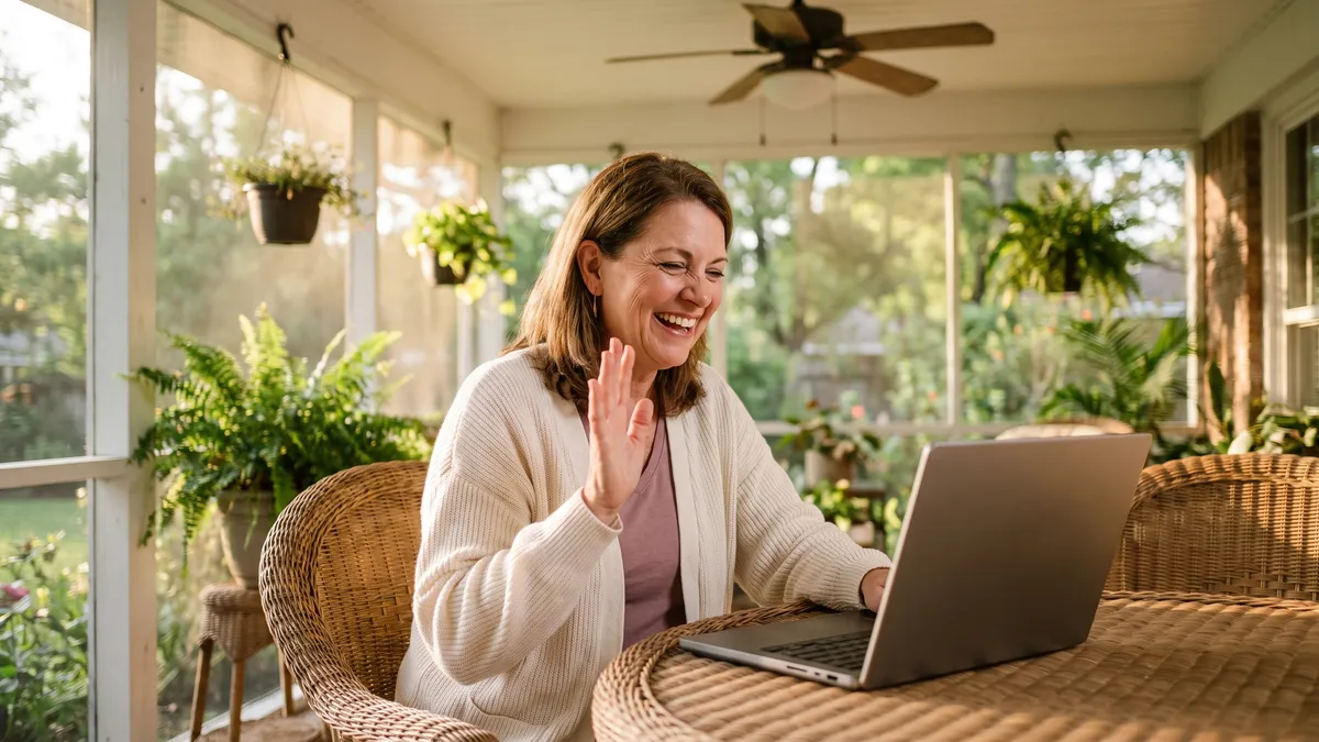 A woman waving at her laptop during a video call on her screened back porch