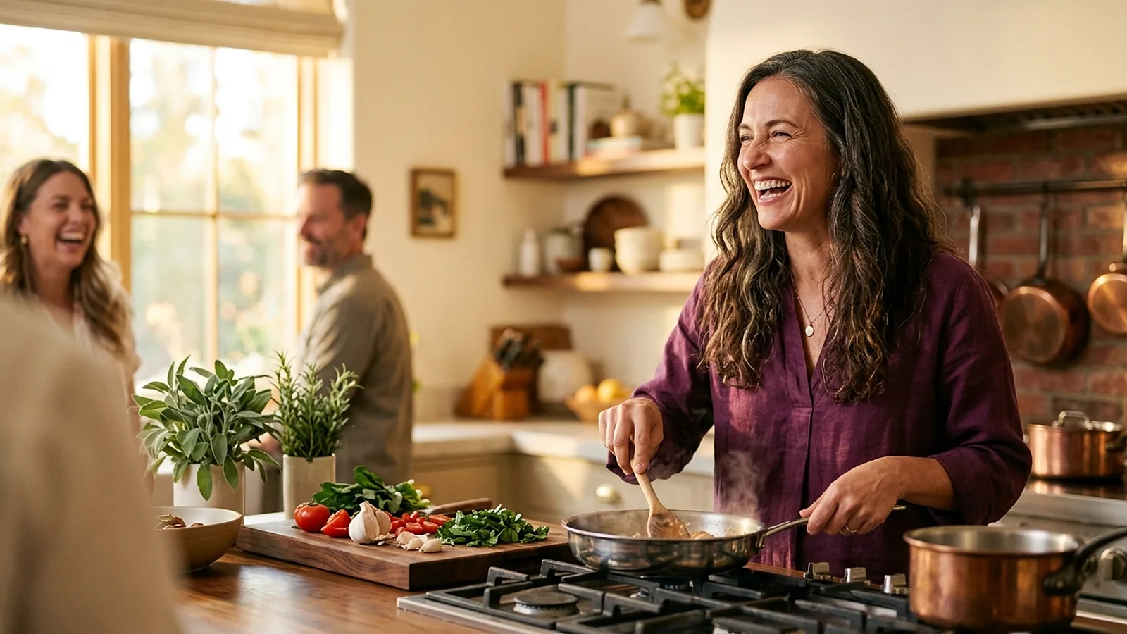 A woman laughing as she cooks with friends in a warm kitchen