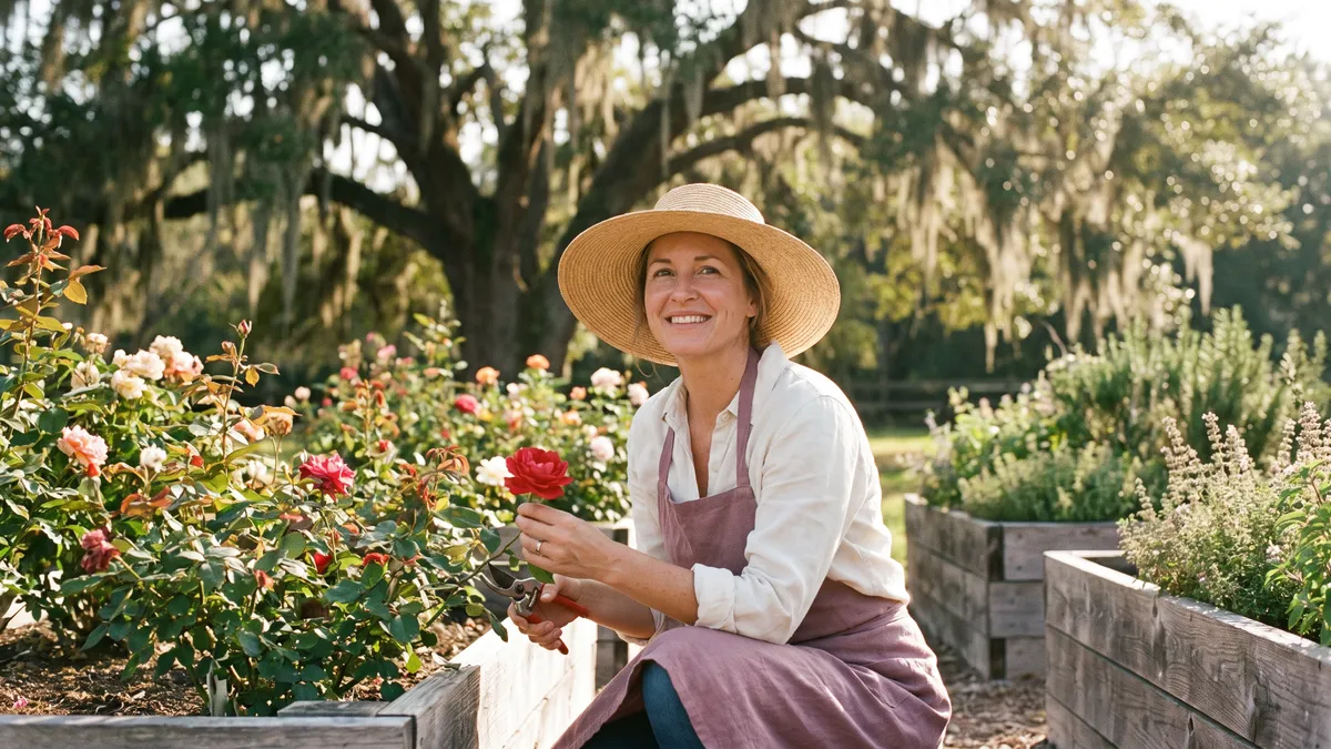 A woman in a straw sun hat tending roses and herbs in her backyard garden