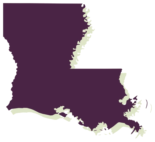 Map of Louisiana. The marker is our Gonzales office; telehealth reaches the whole state.